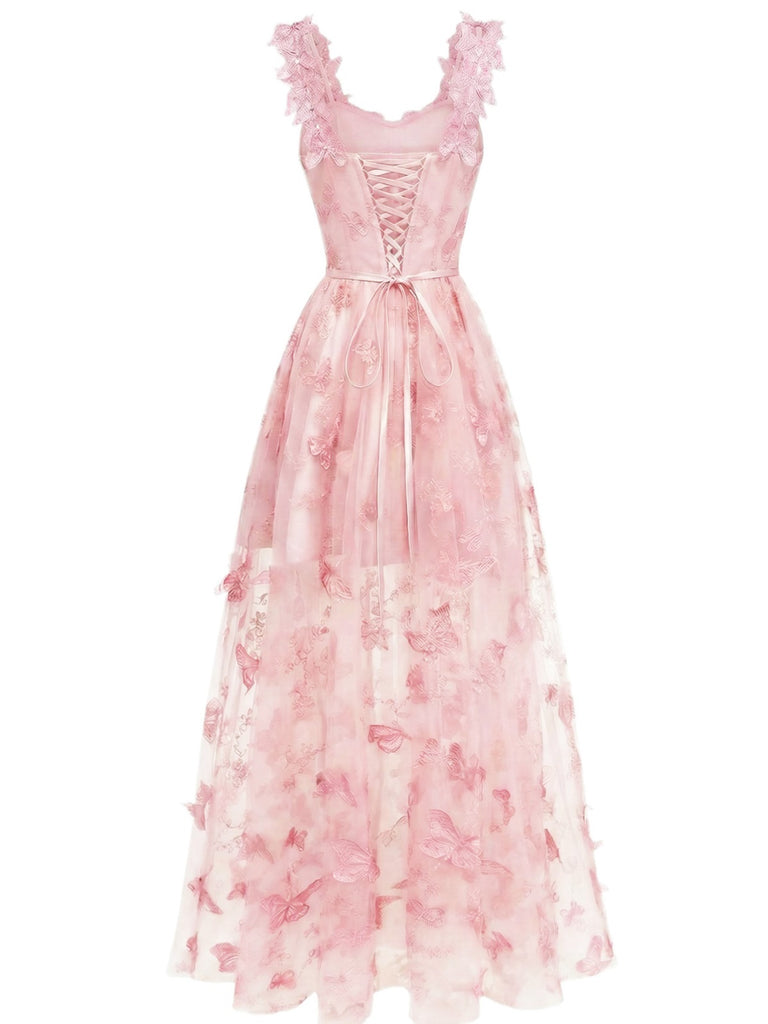 Robe Maxi Verte Bretelles Épaghetti Papillons 3D Maille Années 1930