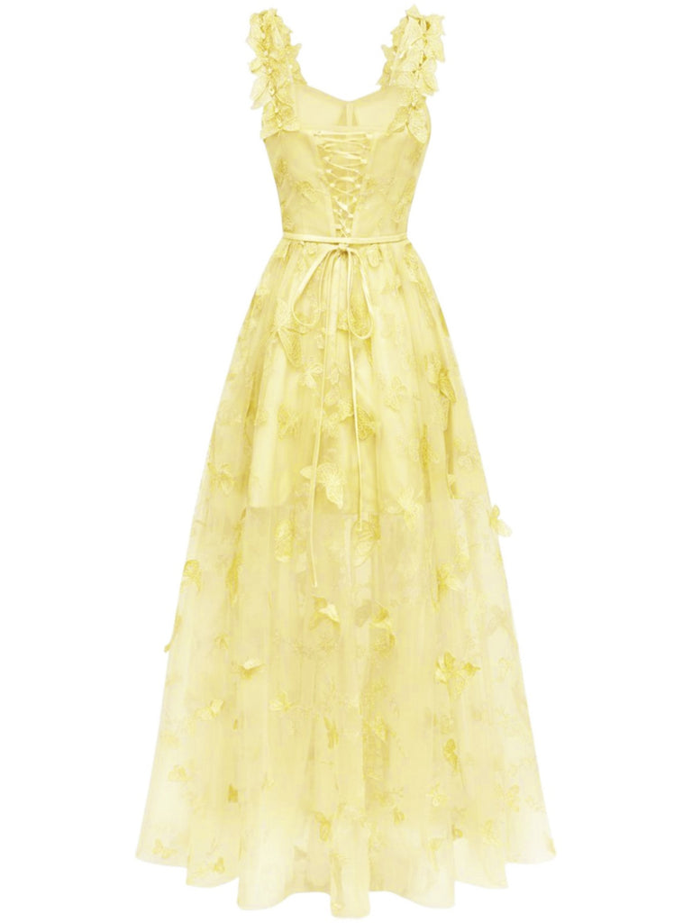 Robe Maxi Verte Bretelles Épaghetti Papillons 3D Maille Années 1930