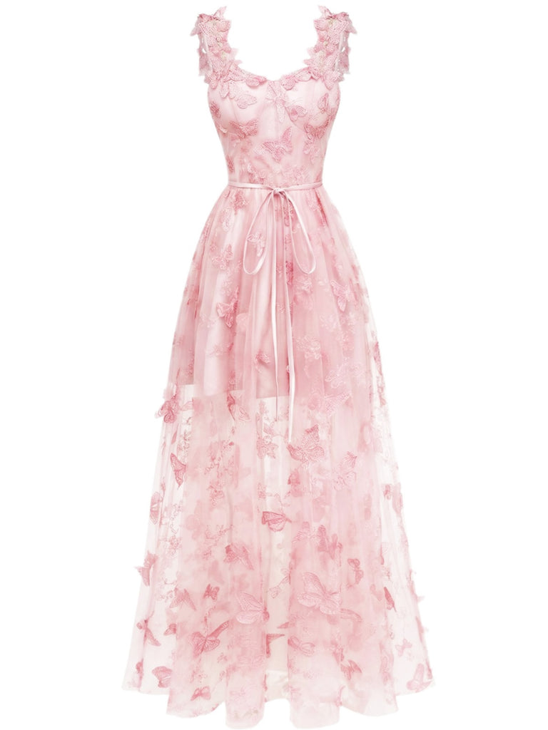 Robe Maxi Verte Bretelles Épaghetti Papillons 3D Maille Années 1930