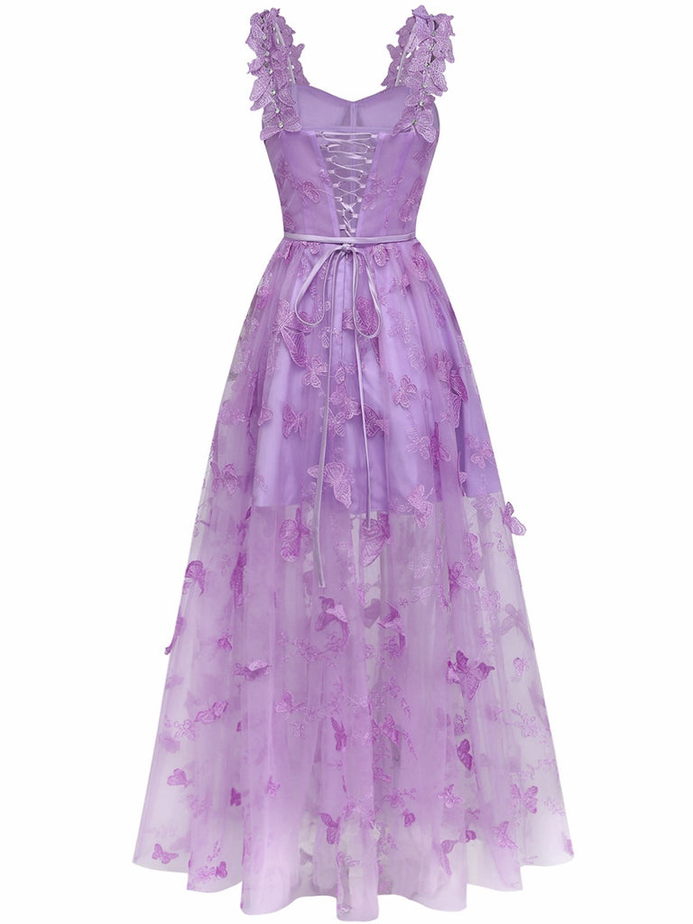 Robe Maxi Verte Bretelles Épaghetti Papillons 3D Maille Années 1930