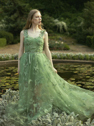 Robe Maxi Verte Bretelles Épaghetti Papillons 3D Maille Années 1930