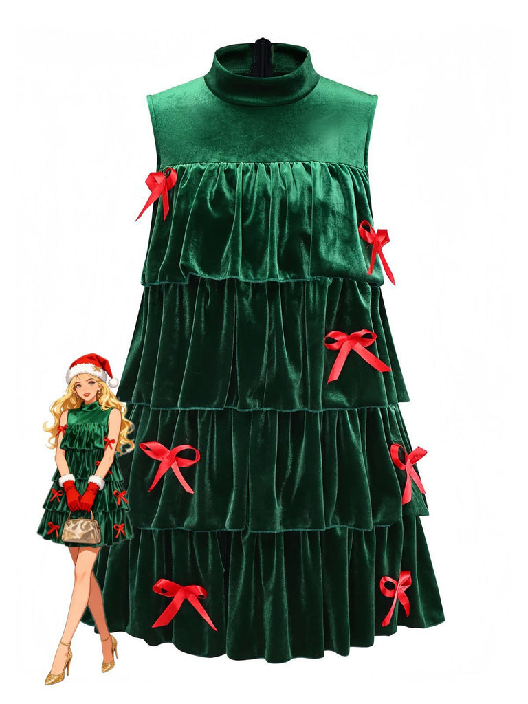 Robe à volants en velours col montant et nœud papillon vert des années 1960