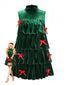 Robe à volants en velours col montant et nœud papillon vert des années 1960