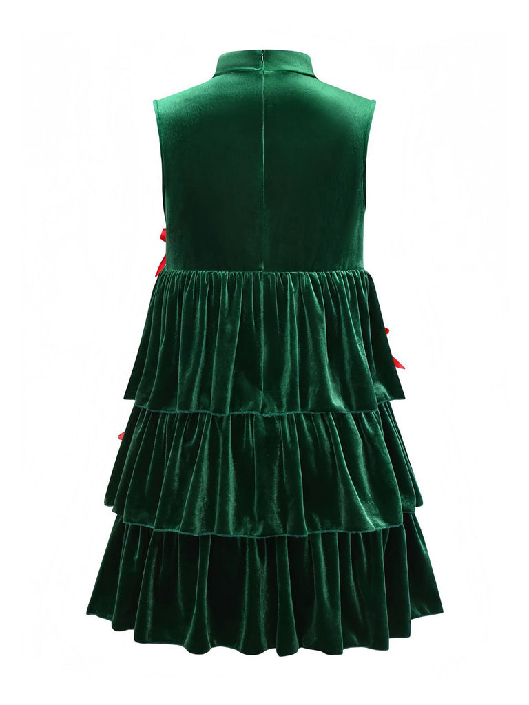 Robe à volants en velours col montant et nœud papillon vert des années 1960