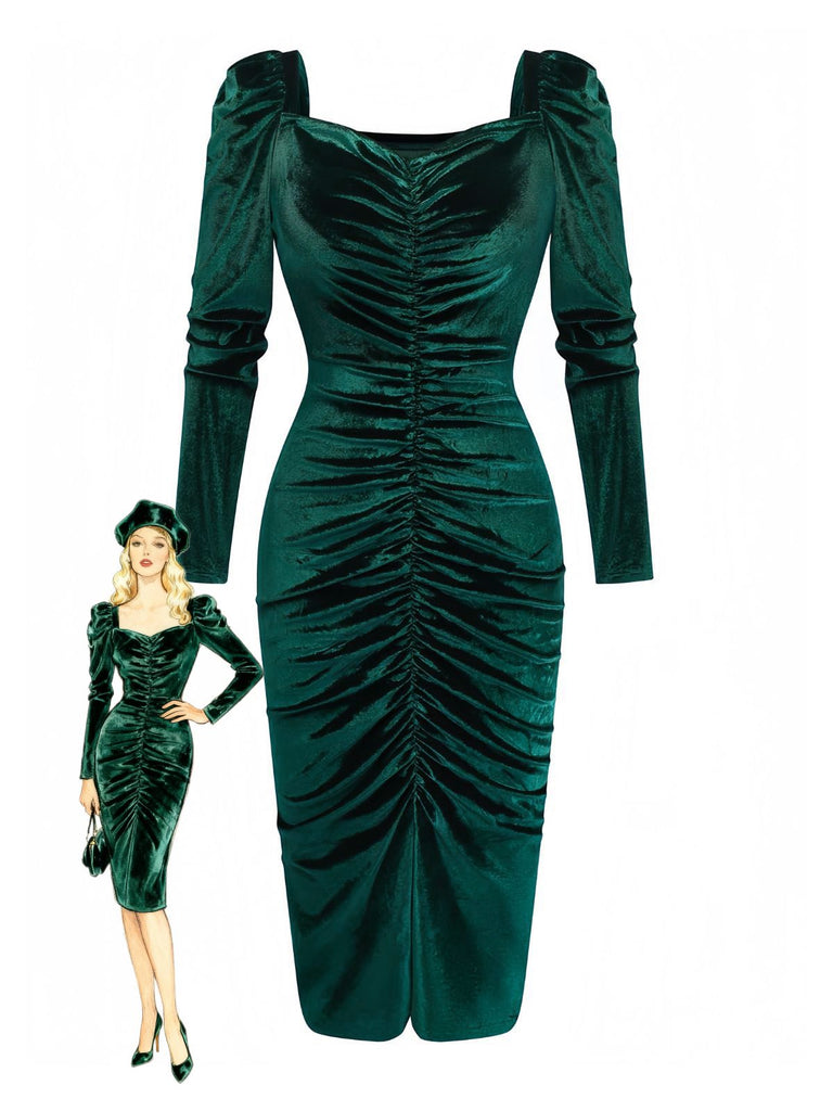 Robe moulante manches longues et froncées en velours vert des années 1960