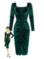 Robe moulante manches longues et froncées en velours vert des années 1960