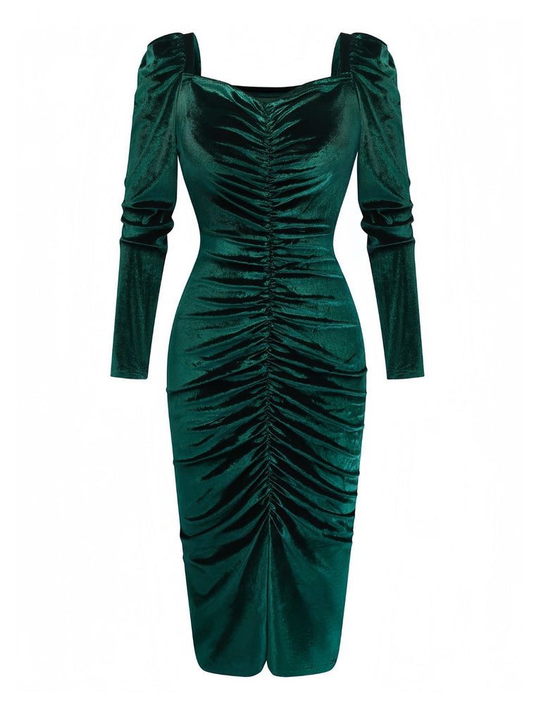 Robe moulante manches longues et froncées en velours vert des années 1960