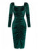 Robe moulante manches longues et froncées en velours vert des années 1960