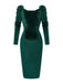 Robe moulante manches longues et froncées en velours vert des années 1960