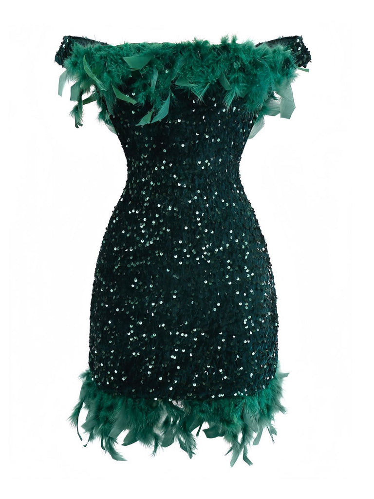 Robe moulante verte à épaules dénudées et plumes pailletées des années 1960