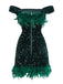 Robe moulante verte à épaules dénudées et plumes pailletées des années 1960