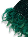 Robe moulante verte à épaules dénudées et plumes pailletées des années 1960