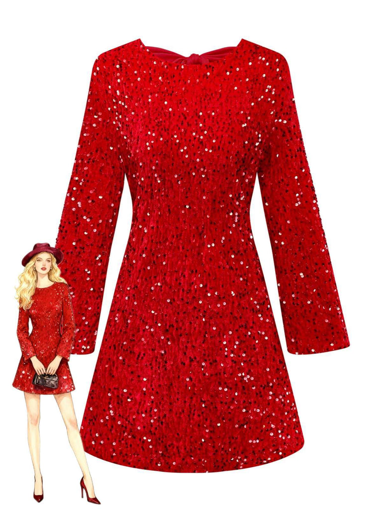 Robe à paillettes rouge manches longues col rond avec nœud des années 1960