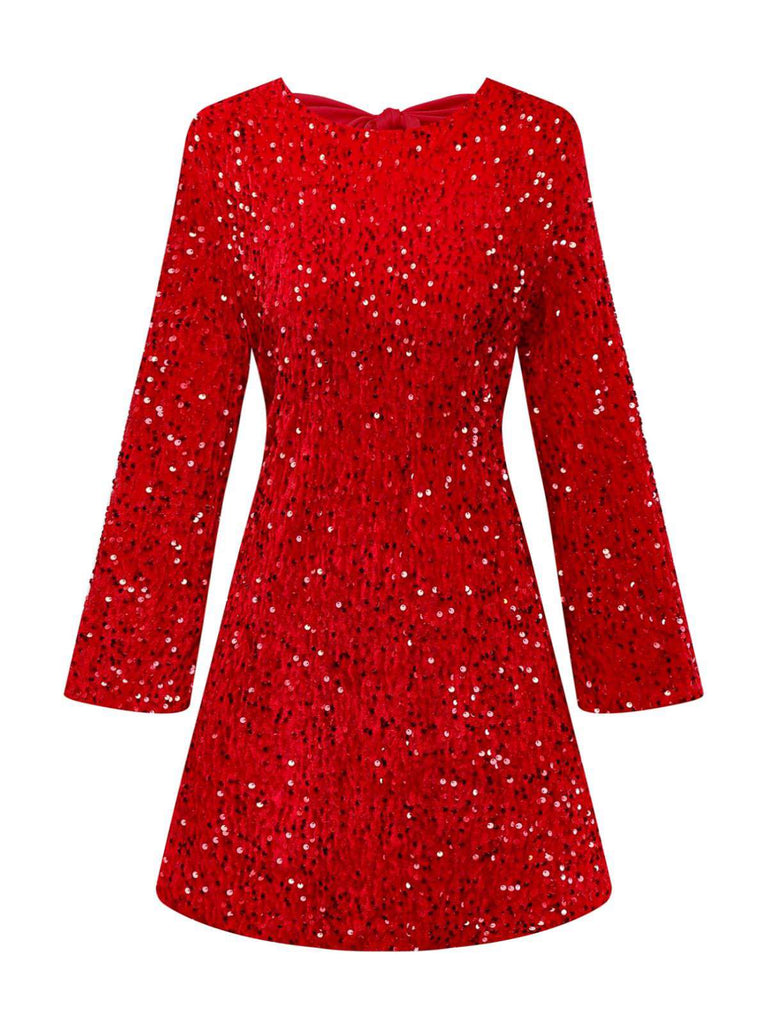 Robe à paillettes rouge manches longues col rond avec nœud des années 1960
