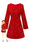 Robe à paillettes rouge manches longues col rond avec nœud des années 1960
