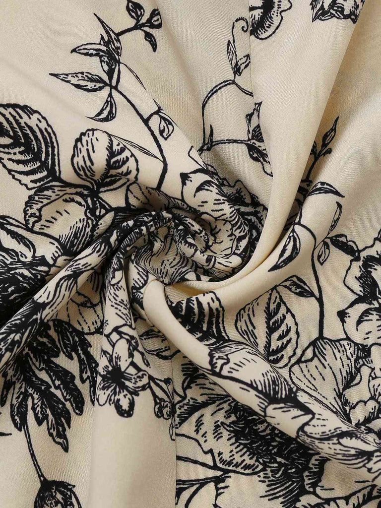 Robe kaki col carré imprimé peinture à l'encre de fleurs années 1970