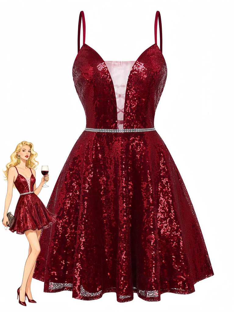 Robe en maille à paillettes col décolleté en V profond rouge vin des années 1950