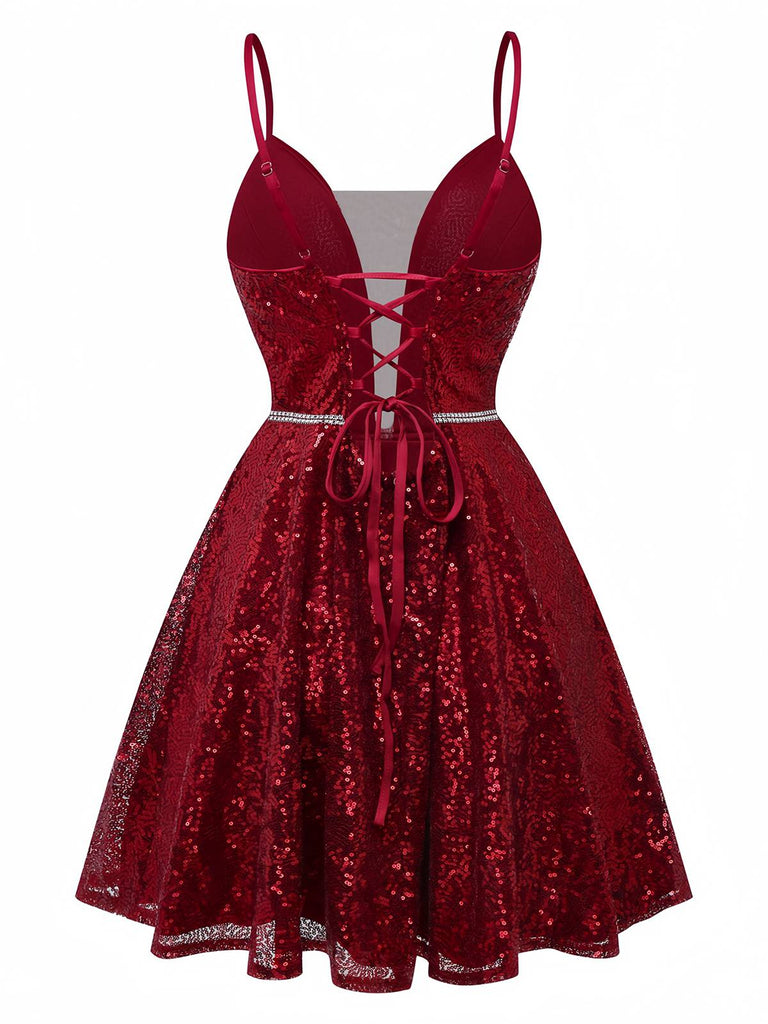 Robe en maille à paillettes col décolleté en V profond rouge vin des années 1950