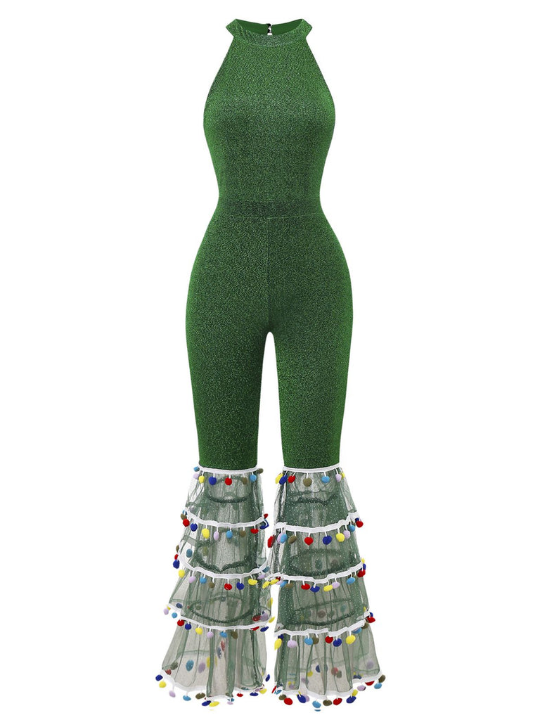 Combinaison verte évasée en mailles patchwork brillantes des années 1980