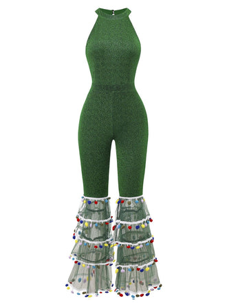 Combinaison verte évasée en mailles patchwork brillantes des années 1980