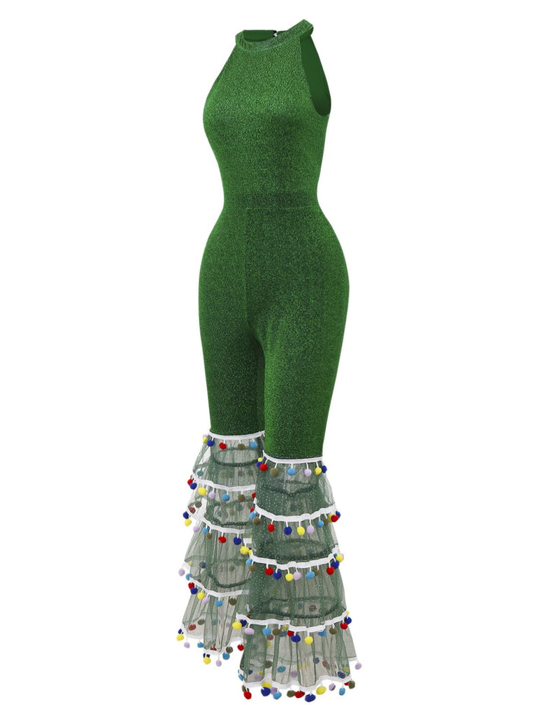 Combinaison verte évasée en mailles patchwork brillantes des années 1980