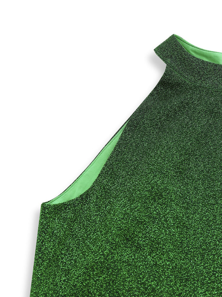 Combinaison verte évasée en mailles patchwork brillantes des années 1980