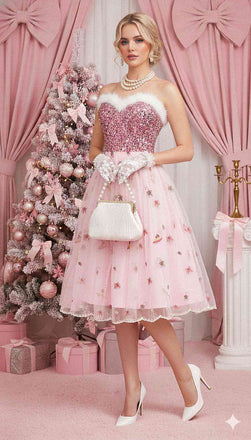Robe bustier rose en maille à sequins et fourrure années 1950