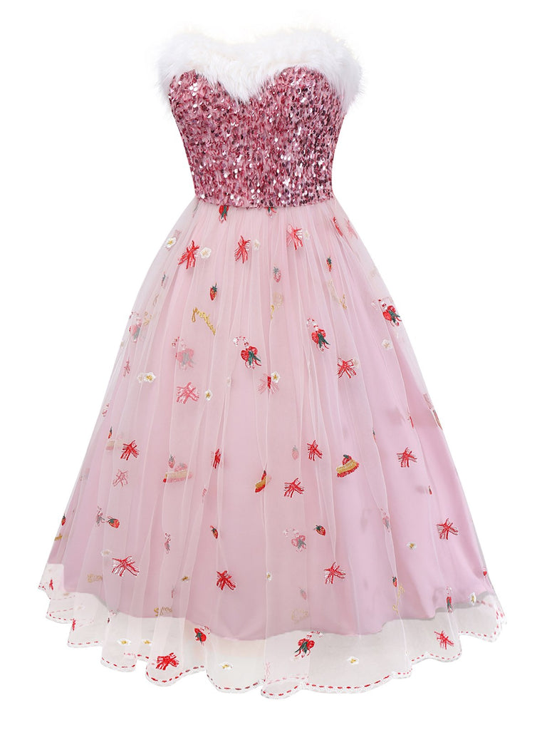 Robe bustier rose en maille à sequins et fourrure années 1950