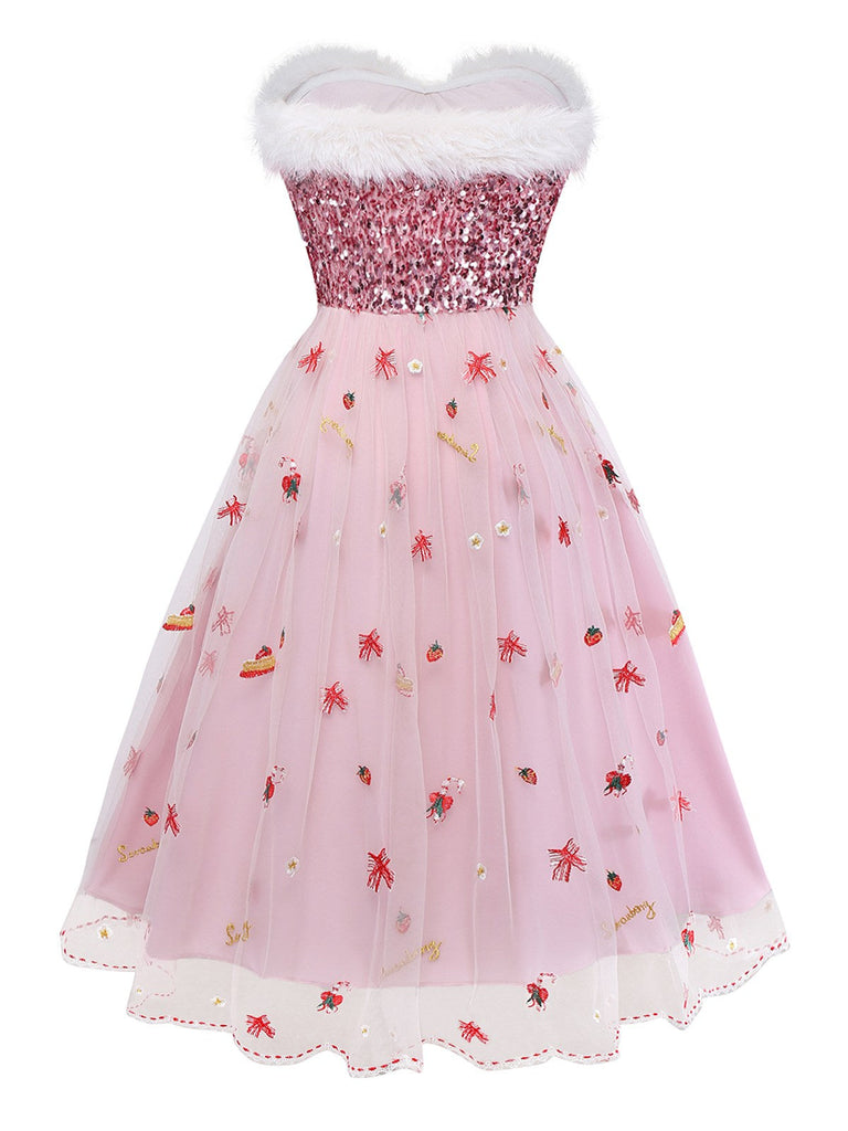 Robe bustier rose en maille à sequins et fourrure années 1950