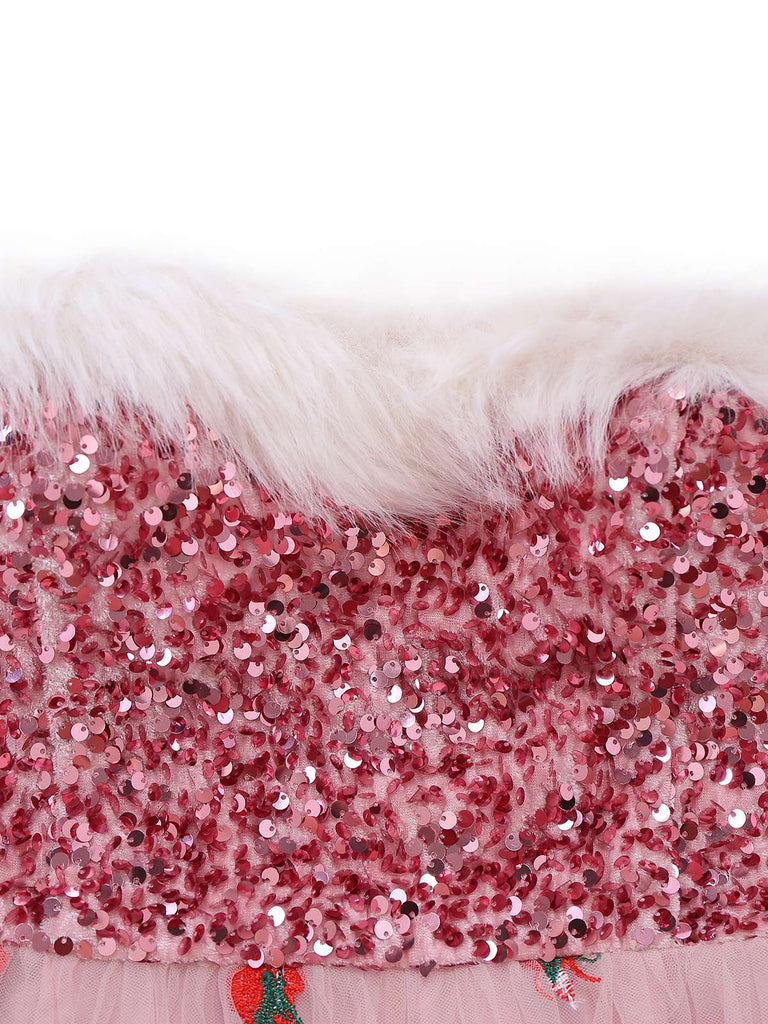 Robe bustier rose en maille à sequins et fourrure années 1950