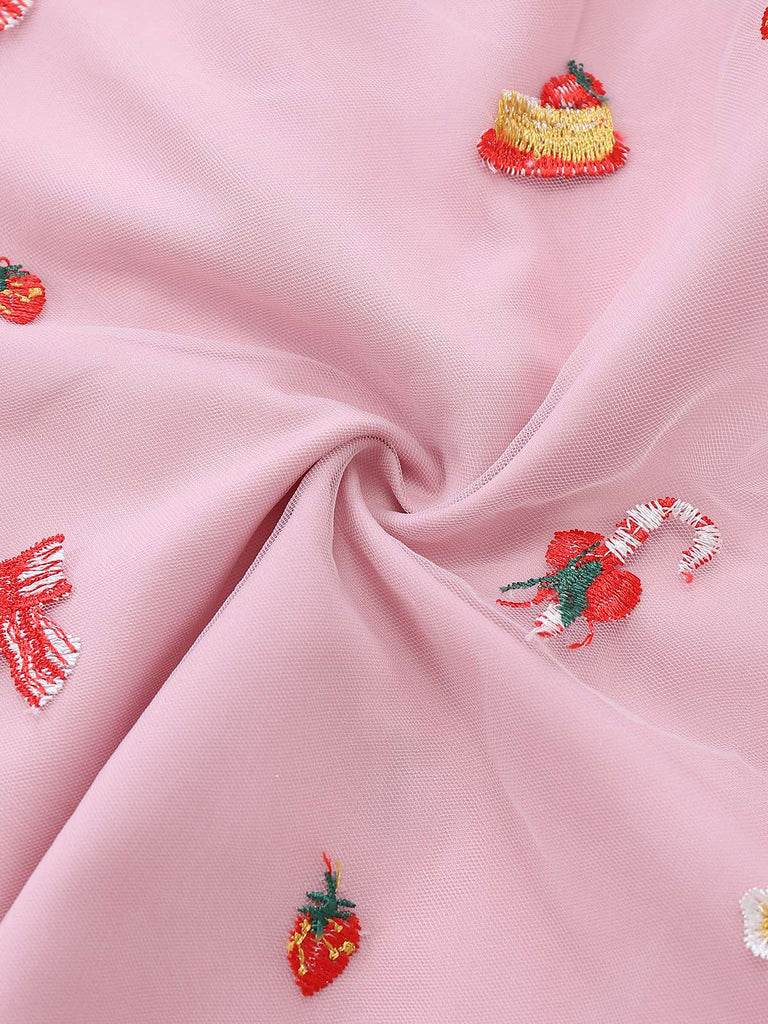 Robe bustier rose en maille à sequins et fourrure années 1950