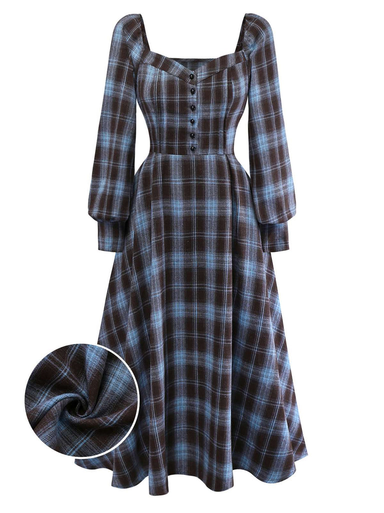 [Prévente] Robe à carreaux bleu-gris col cœur manches lanterne des années 40