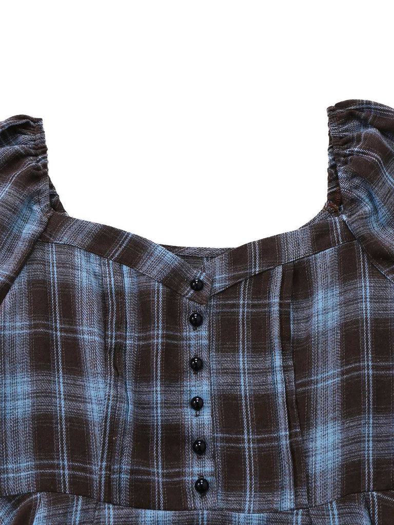 [Prévente] Robe à carreaux bleu-gris col cœur manches lanterne des années 40