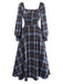 [Prévente] Robe à carreaux bleu-gris col cœur manches lanterne des années 40