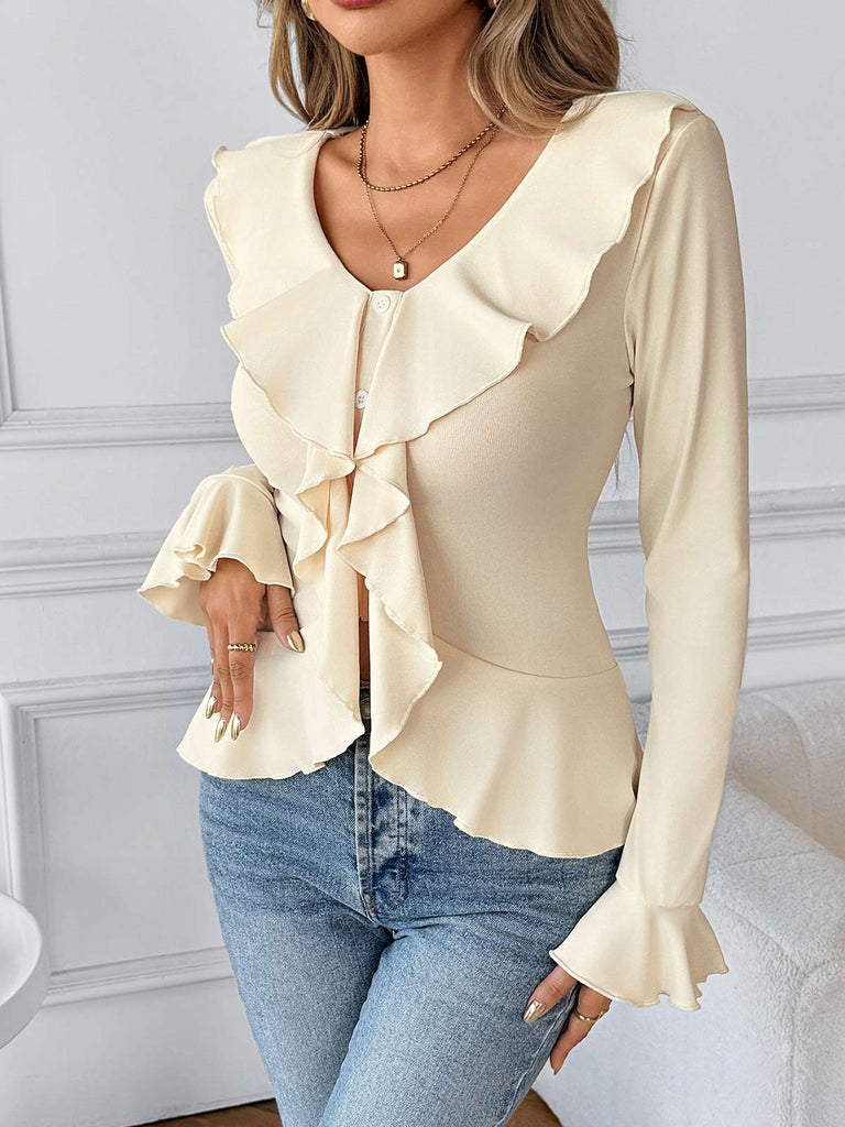 Haut beige uni à col à revers et volants années 1950