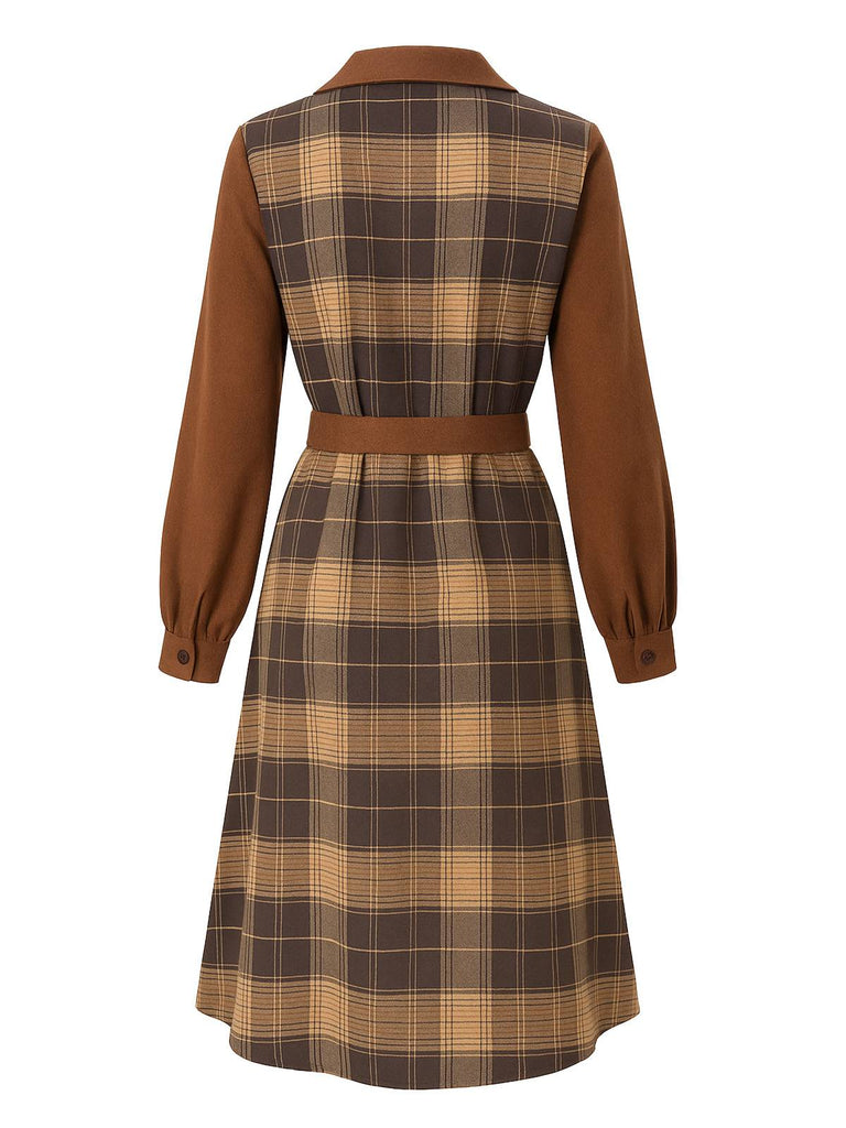 Robe chemise marron à carreaux en velours côtelé années 1950