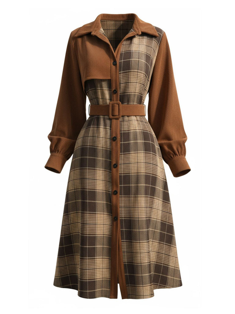 Robe chemise marron à carreaux en velours côtelé années 1950