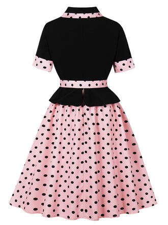 Robe trapèze à ceinture et revers à pois années 1950