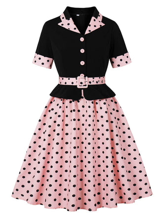 Robe trapèze à ceinture et revers à pois années 1950
