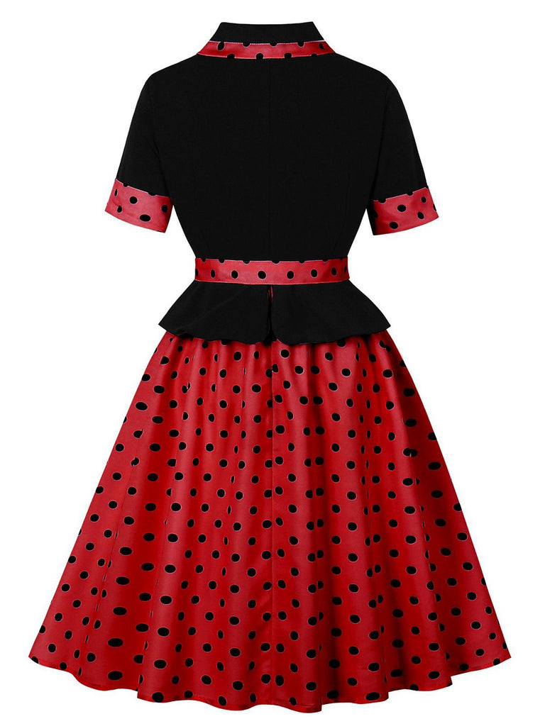 Robe trapèze à ceinture et revers à pois années 1950