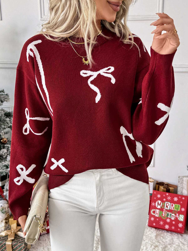 Pull rouge bordeaux motif nœud papillon années 1950