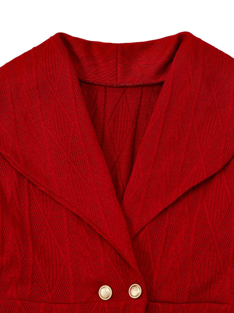 Robe boutonnée à gros col en V en maille unie des années 1940