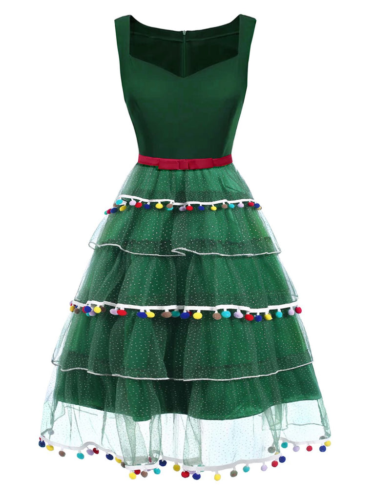 Robe en maille verte avec nœud en forme de sapin de Noël années 1950