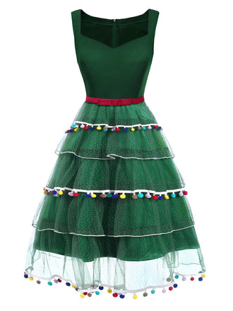 Robe en maille verte avec nœud en forme de sapin de Noël années 1950