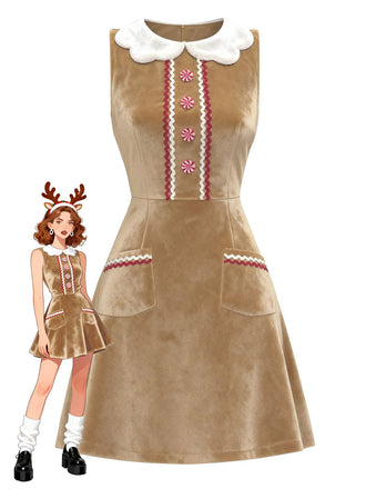 Robe marron en velours de Noël style pain d'épices des années 1960