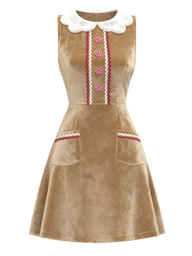 Robe marron en velours de Noël style pain d'épices des années 1960