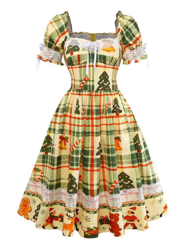 [Prévente] Robe patchwork multicolore en dentelle et tartan de Noël des années 1950