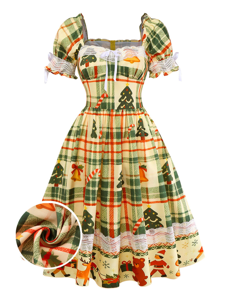 [Prévente] Robe patchwork multicolore en dentelle et tartan de Noël des années 1950