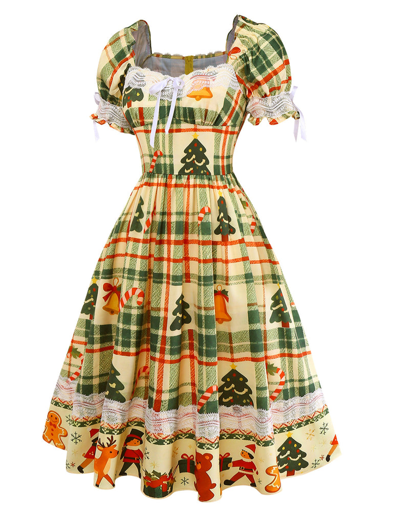 [Prévente] Robe patchwork multicolore en dentelle et tartan de Noël des années 1950