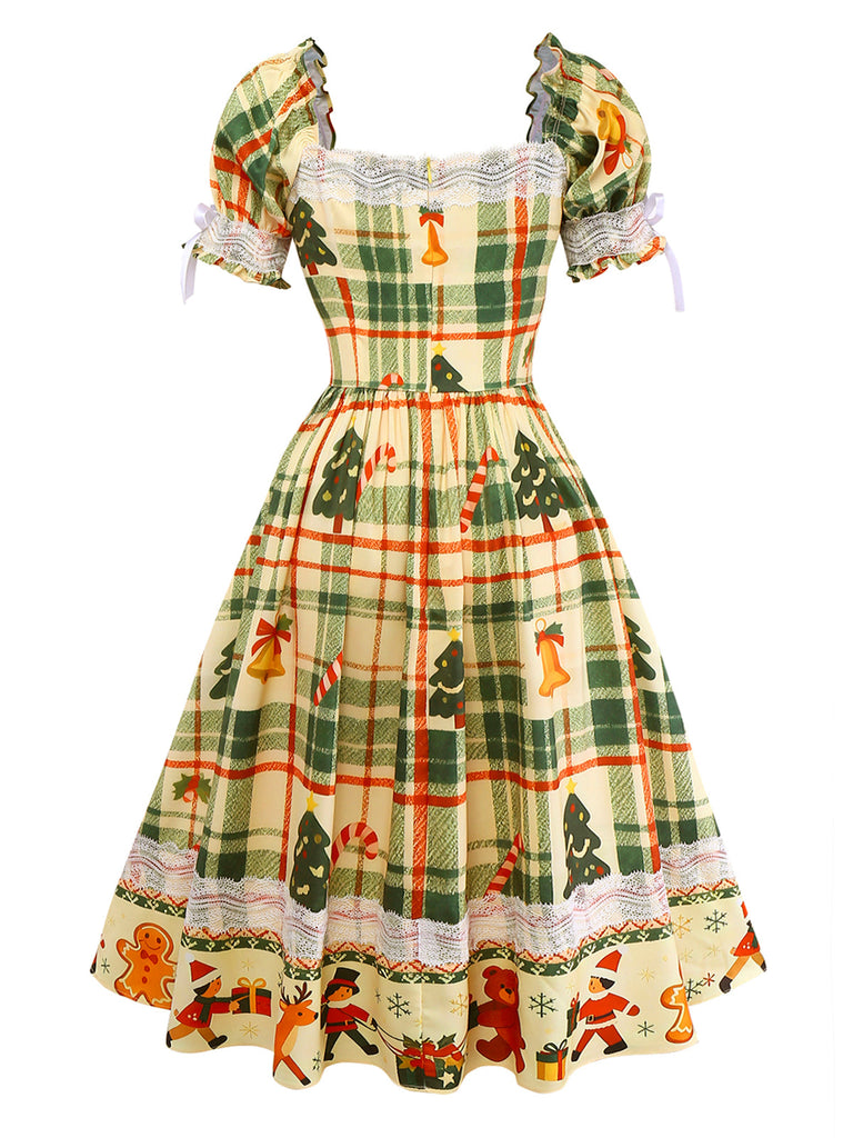 [Prévente] Robe patchwork multicolore en dentelle et tartan de Noël des années 1950